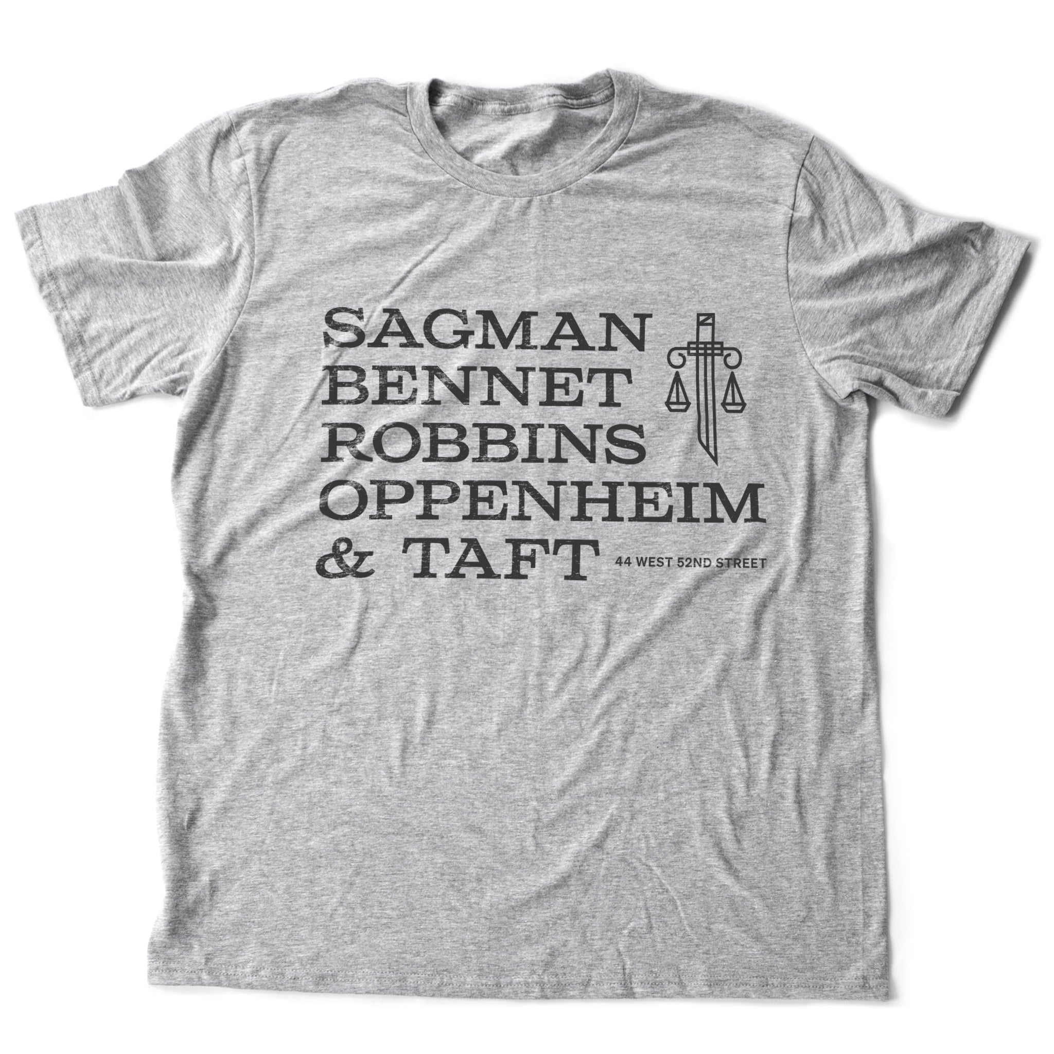 Seinfeld reference: Sagman Bennet Robbins Oppenheim & Taft — fake law firm, parody, sarcastic humor — gift—premium Unisex T-shirt, 3 colors