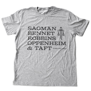 Seinfeld reference: Sagman Bennet Robbins Oppenheim & Taft — fake law firm, parody, sarcastic humor — gift—premium Unisex T-shirt, 3 colors