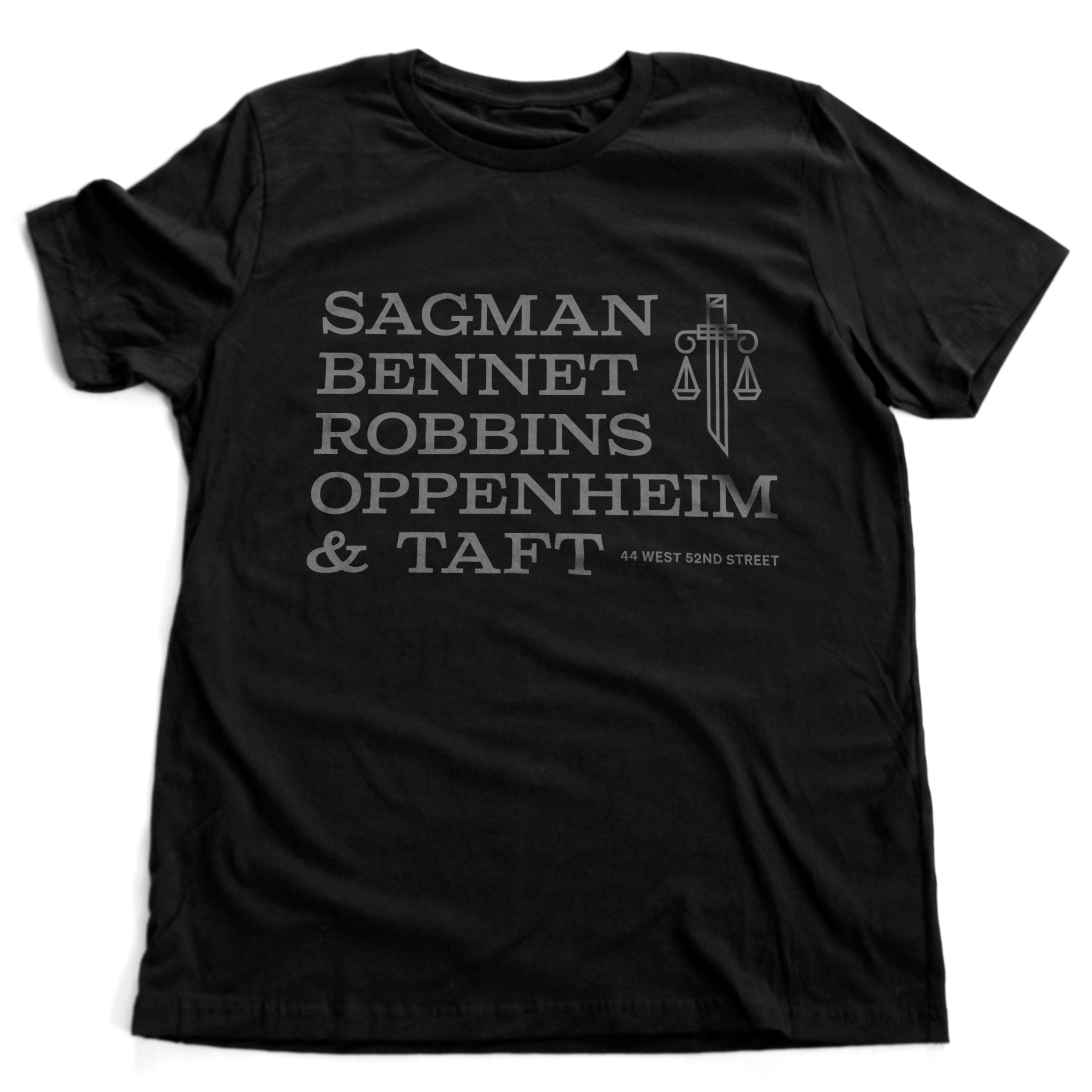 Seinfeld reference: Sagman Bennet Robbins Oppenheim & Taft — fake law firm, parody, sarcastic humor — gift—premium Unisex T-shirt, 3 colors