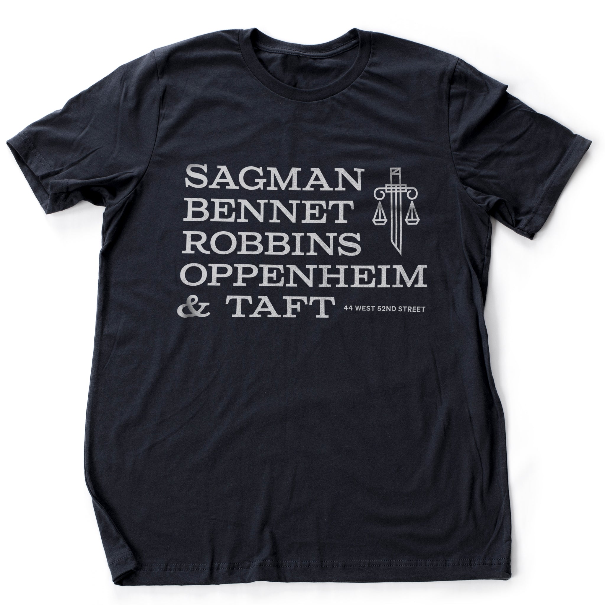 Seinfeld reference: Sagman Bennet Robbins Oppenheim & Taft — fake law firm, parody, sarcastic humor — gift—premium Unisex T-shirt, 3 colors