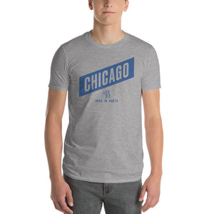 Chicago — Classic retro-design graphic t-shirt celebrating the city of Chicago with its latin motto "Urbs in Horto" honoring the city and its sports teams Chicago Bears, Cubs, White Sox, Black Hawks