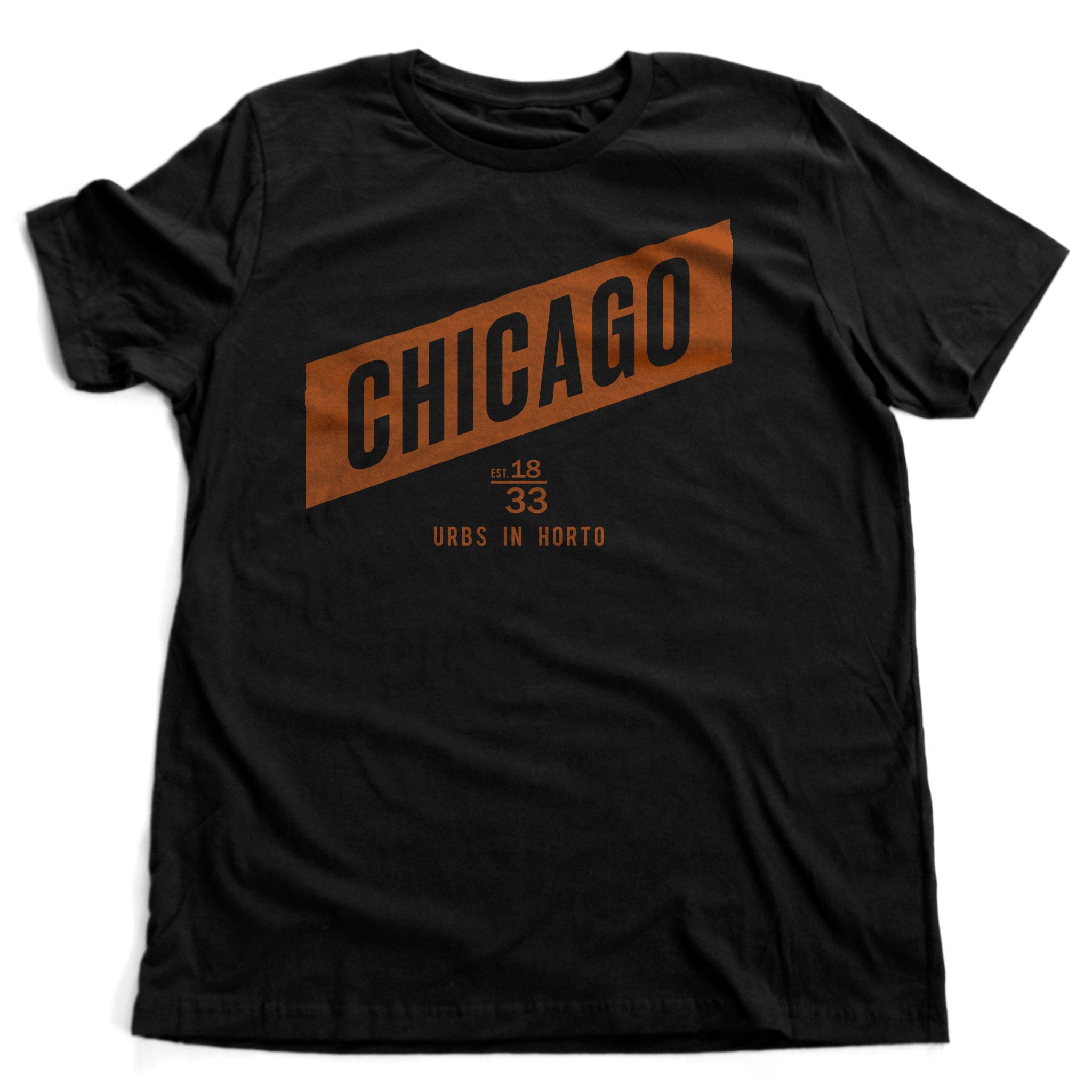 Chicago — Classic retro-design graphic t-shirt celebrating the city of Chicago with its latin motto "Urbs in Horto" honoring the city and its sports teams Chicago Bears, Cubs, White Sox, Black Hawks in classic Chicago Bears football colors.