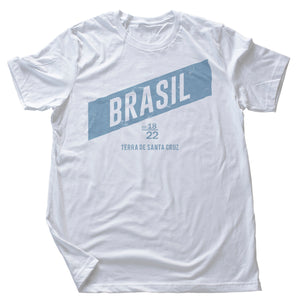 Vintage, retro-styled graphic t-shirt featuring "BRASIL" in a diagonal band, and the year 1822 commemorating the country's establishment, plus its nickname "terra de santa cruz"